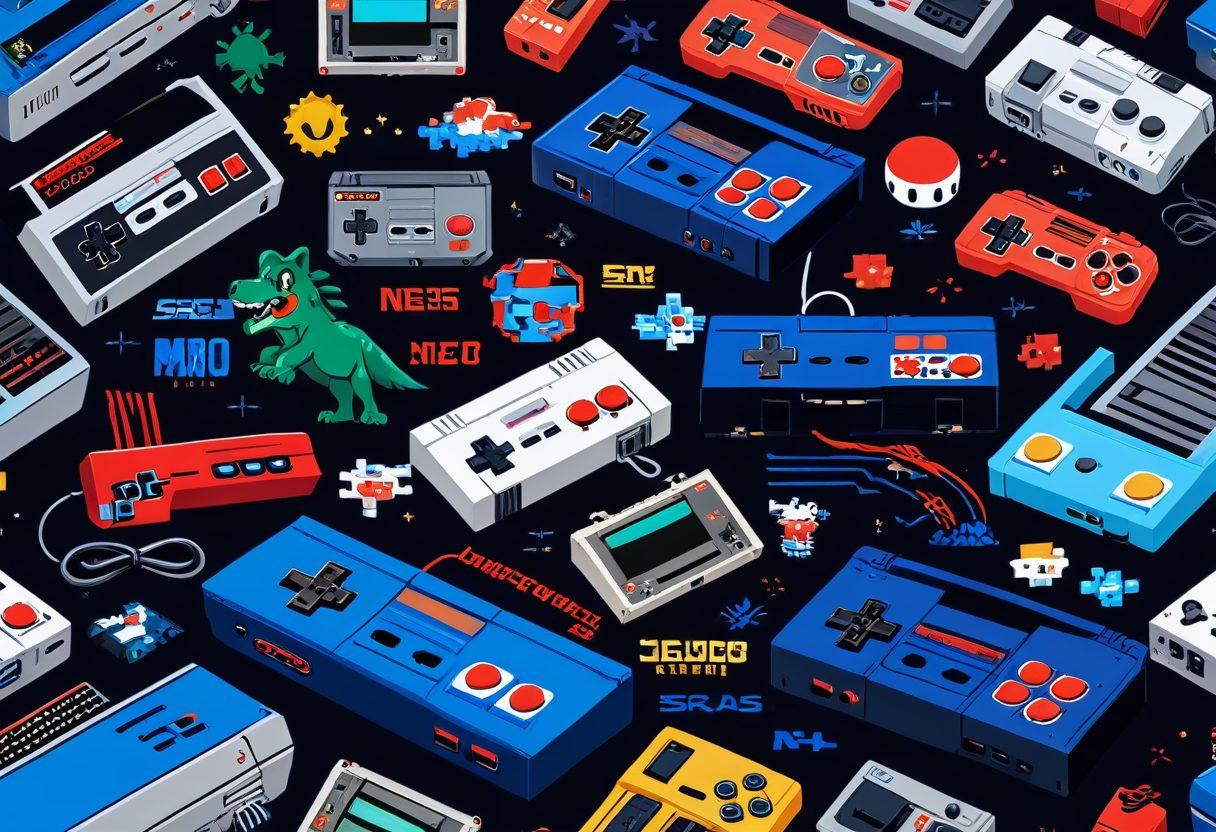 A colorful collage showcasing classic retro gaming consoles like the NES and Sega Genesis alongside modern gaming devices like a sleek gaming PC and a handheld emulator. Include iconic game characters like Mario and Sonic mingling with high-tech graphics from modern games. The background should be filled with pixel art elements and a digital landscape, creating a bridge between past and present gaming. vibrant colors. 3D.