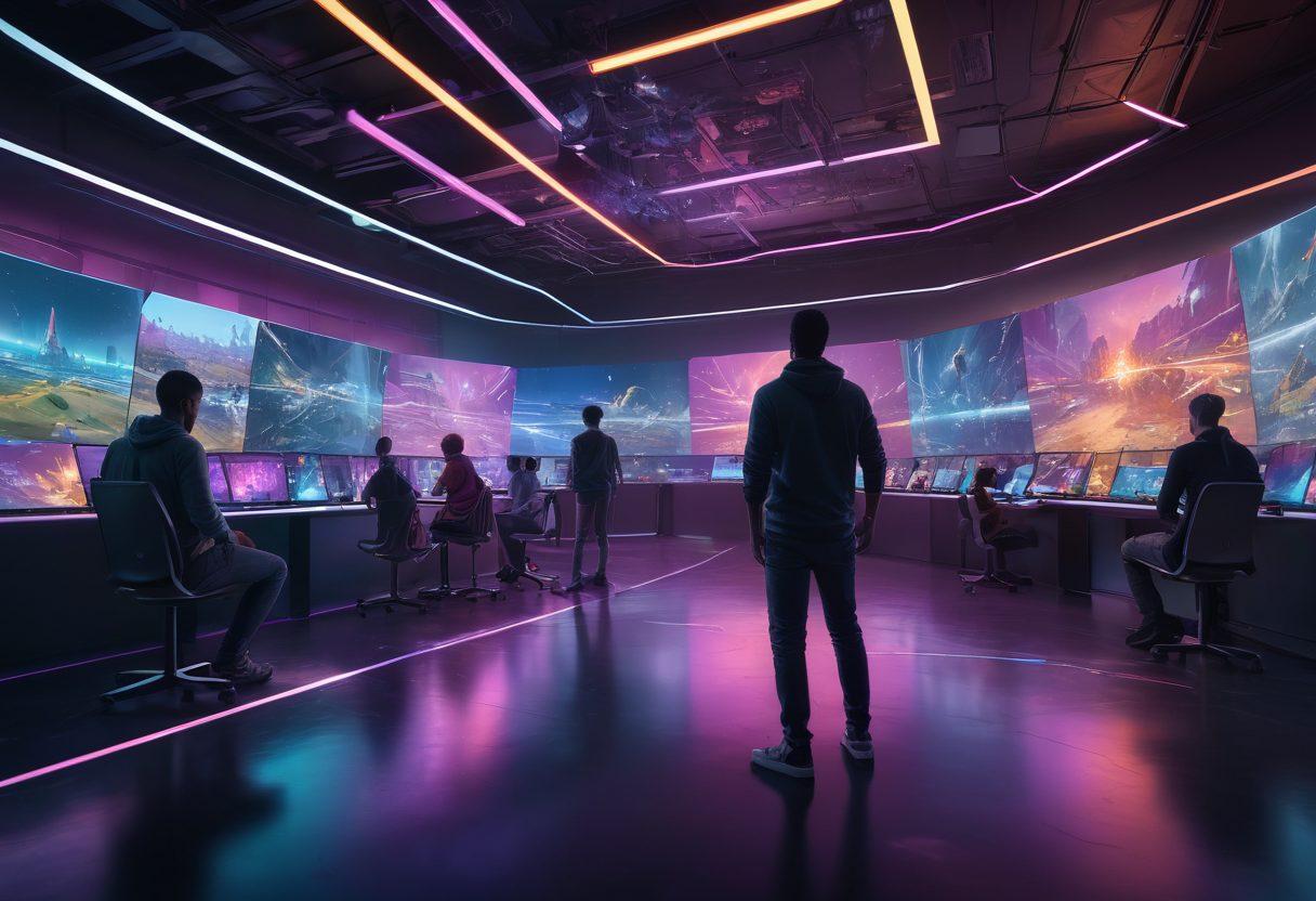 A futuristic gaming landscape showcasing various devices like PCs, consoles, and mobile devices, all interconnected with glowing lines symbolizing cross-platform play. In the background, a diverse group of gamers engaged in different gaming experiences, emphasizing community and collaboration. Include vibrant holographic game characters interacting with the environment. super-realistic. bright colors. 3D.