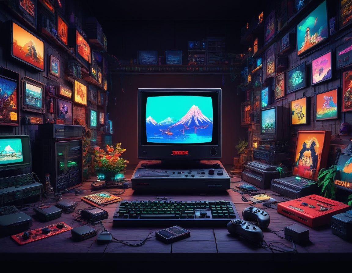 A dynamic collage contrasting retro pixel art of classic games with sleek, modern gaming consoles and emulators, showcasing vibrant game scenes transitioning into a graphical representation of powerful emulation software running on a computer screen. Include elements like 8-bit characters and contemporary gaming accessories. Bright colors and a futuristic aesthetic blend together. super-realistic. vibrant colors. 3D.
